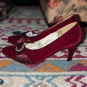 Premiere Collections Size 7.5 Dark Red Suede Heels with Rhinestone Satin Strap